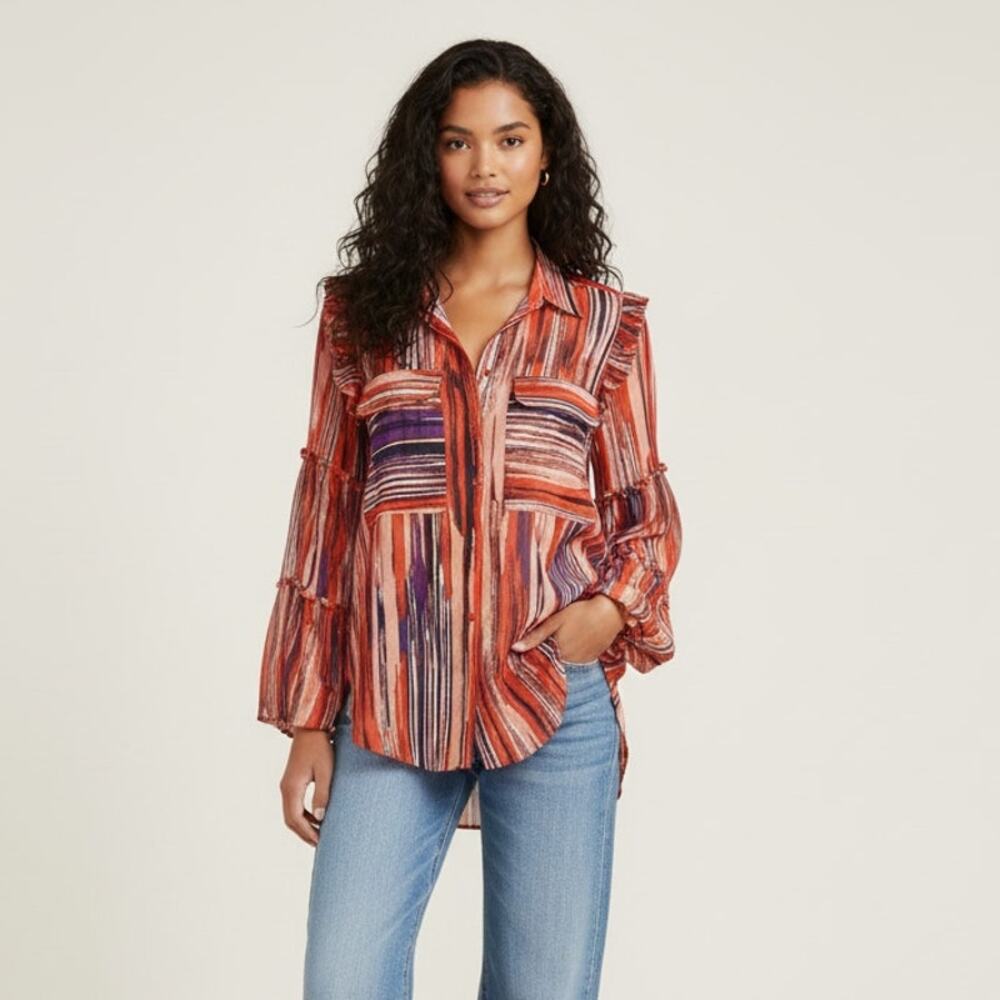MISA Los Angeles Sheer bell sleeve ruffle button blouse multi color Size Small